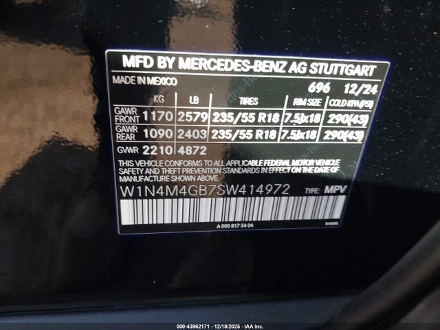 Aukcja sprzedaży 2025 Mercedes-benz Glb 250, vin: W1N4M4GB7SW414972, numer aukcji: 43962171