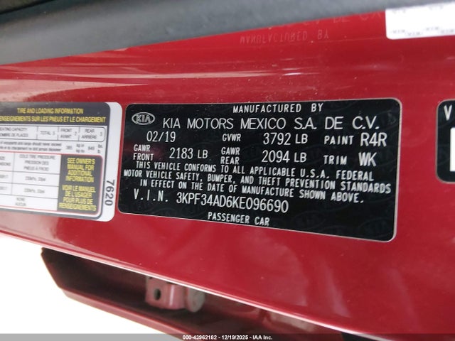 3KPF34AD6KE096690 KIA FORTE S