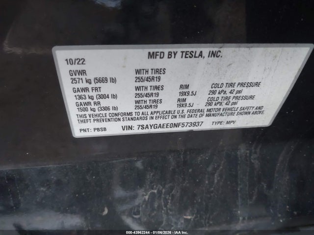 7SAYGAEE0NF573937 Tesla Model Y Long Range Dual Motor All-wheel Drive