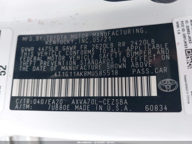 2021 TOYOTA CAMRY 4T1G11AK8MU585518 Photo 8