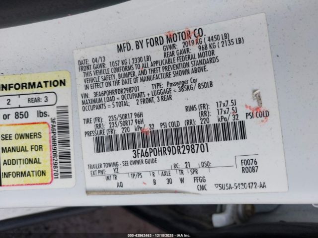 2013 FORD FUSION 3FA6P0HR9DR298701 Photo 8