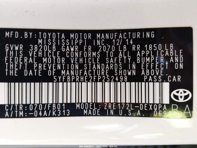 2015 TOYOTA COROLLA 5YFBPRHE2FP252498 Photo 8