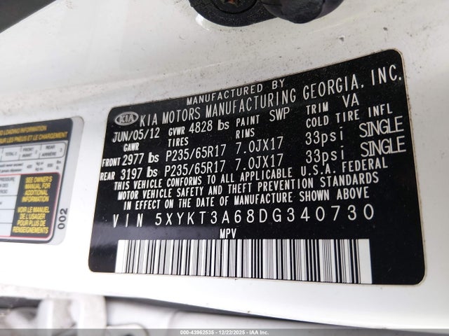 43962535 :رقم المزاد ، 5XYKT3A68DG340730 vin ، 2013 Kia Sorento Lx مزاد بيع