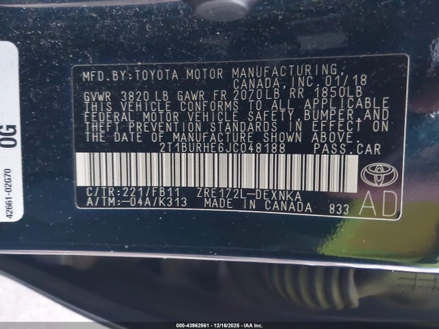 2T1BURHE6JC048188 Toyota COROLLA LE