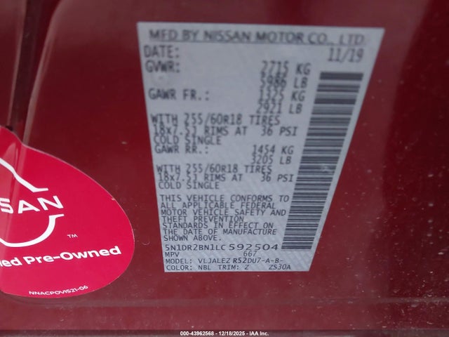 5N1DR2BN1LC592504 Nissan Pathfinder Sv 2wd