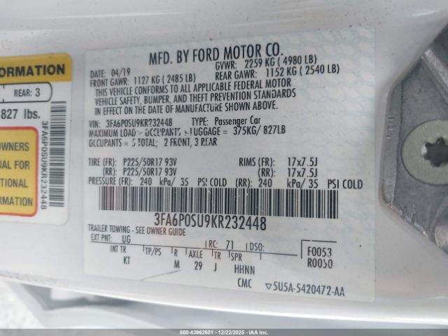 2019 FORD FUSION ENERGI 3FA6P0SU9KR232448 Photo 8