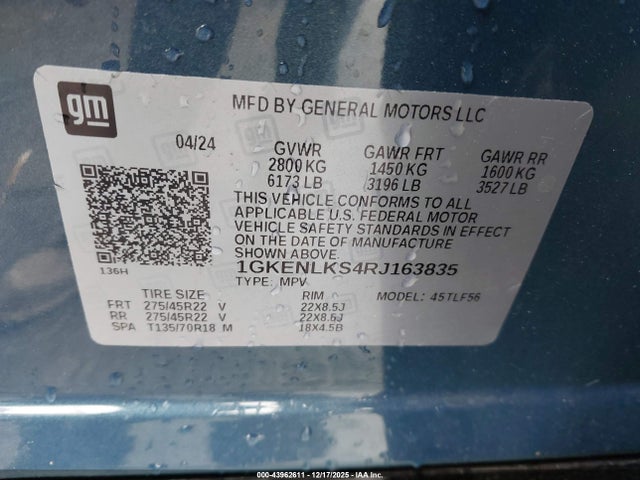 Aukcja sprzedaży 2024 Gmc Acadia Fwd Denali, vin: 1GKENLKS4RJ163835, numer aukcji: 43962611