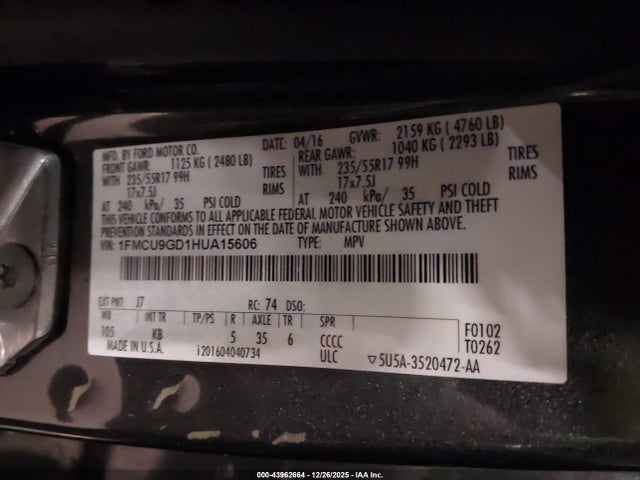 1FMCU9GD1HUA15606 Ford ESCAPE SE