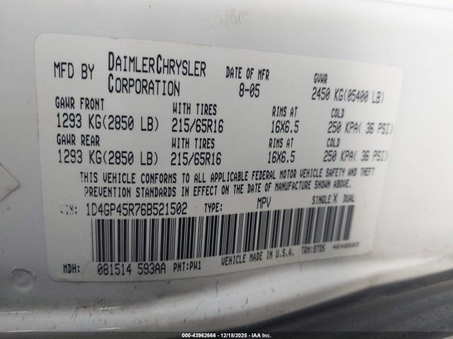 Продажа на аукционе авто 2006 Dodge Caravan Sxt, vin: 1D4GP45R76B521502, номер лота: 43962666