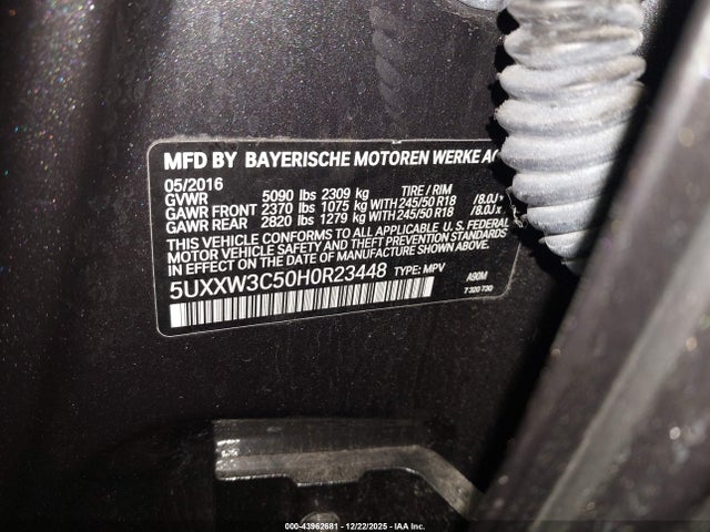 43962681 :رقم المزاد ، 5UXXW3C50H0R23448 vin ، 2017 Bmw X4 Xdrive28i مزاد بيع