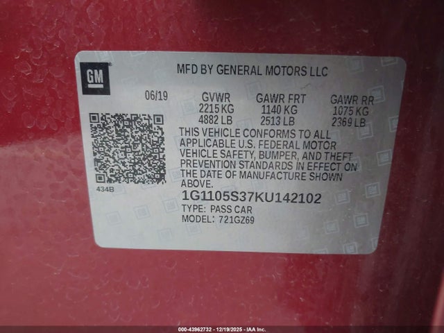 1G1105S37KU142102 Chevrolet Impala Premier