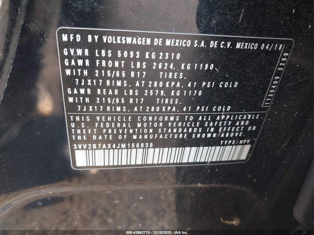 43962775 :رقم المزاد ، 3VV2B7AX4JM156839 vin ، 2018 Volkswagen Tiguan 2.0t Se/2.0t Sel مزاد بيع