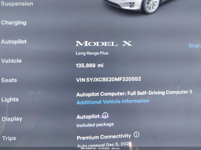 43962794 :رقم المزاد ، 5YJXCBE20MF320552 vin ، 2021 Tesla Model X Long Range Dual Motor All-wheel Drive/long Range Plus Dual Motor All-wheel Drive مزاد بيع