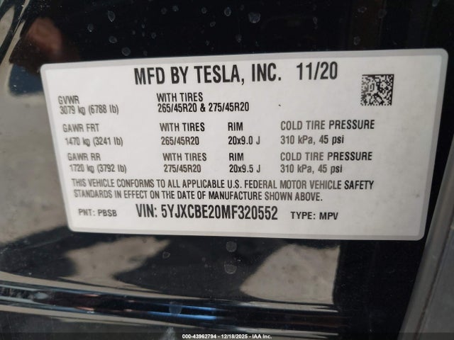 43962794 :رقم المزاد ، 5YJXCBE20MF320552 vin ، 2021 Tesla Model X Long Range Dual Motor All-wheel Drive/long Range Plus Dual Motor All-wheel Drive مزاد بيع