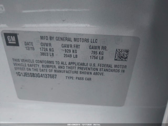 1G1JE5SB3G4137687 Chevrolet Sonic Ltz Auto
