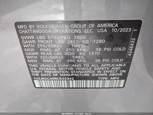 1V2JR2CA6RC532342 Volkswagen Atlas 2.0t Se W/technology