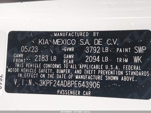 3KPF24AD8PE643906 KIA Forte Lxs