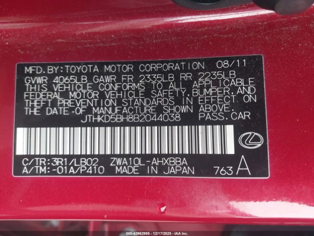 2011 LEXUS CT 200H JTHKD5BH8B2044038 Photo 8