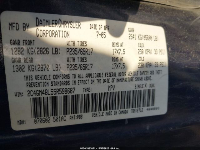2005 CHRYSLER PACIFICA 2C4GM48L55R598687 Photo 8