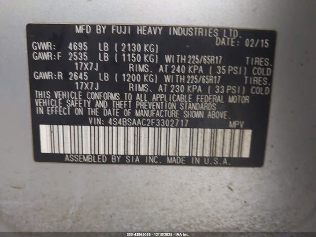 Subaru Outback 2.5i 2015 4S4BSAAC2F3302717 Image 9