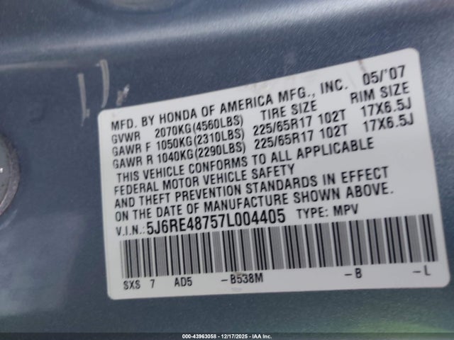 2007 HONDA CR-V 5J6RE48757L004405 Photo 8