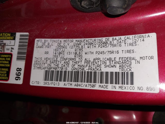 3TMMU4FN0FM077019 Toyota Tacoma Base V6