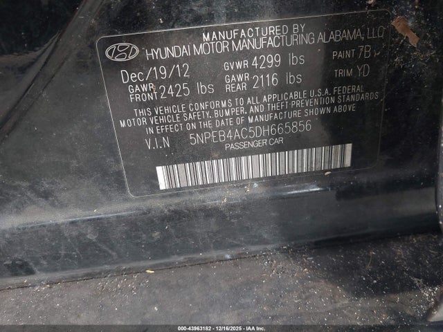 43963182 :رقم المزاد ، 5NPEB4AC5DH665856 vin ، 2013 Hyundai Sonata Gls مزاد بيع