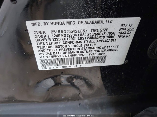 Honda Pilot Ex-l 2017 5FNYF5H76HB010397 Image 9
