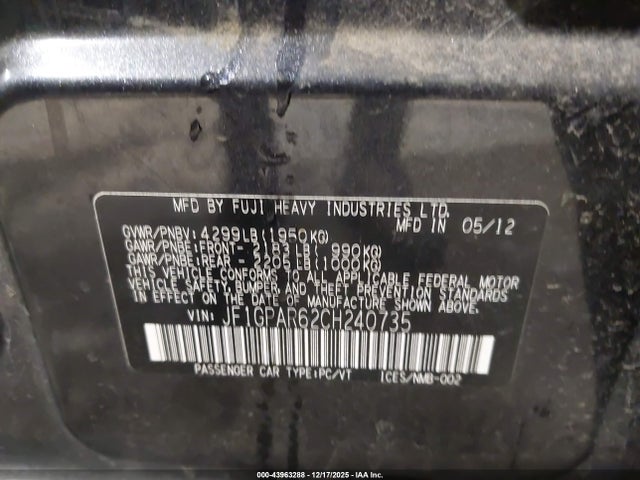 Продажа на аукционе авто 2012 Subaru Impreza 2.0i Sport Limited, vin: JF1GPAR62CH240735, номер лота: 43963288