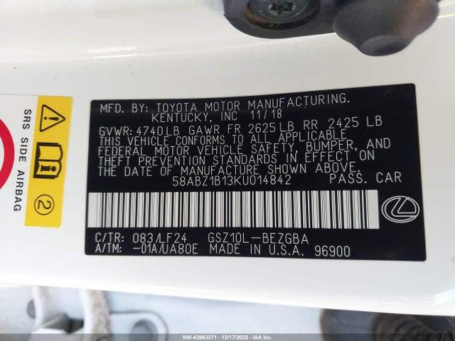 Aukcja sprzedaży 2019 Lexus Es 350 F Sport, vin: 58ABZ1B13KU014842, numer aukcji: 43963371