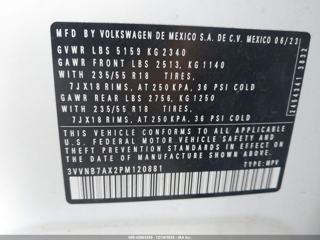 2023 Volkswagen Tiguan 2.0t Se მანქანა იყიდება აუქციონზე, vin: 3VVNB7AX2PM120881, აუქციონის ნომერი: 43963389