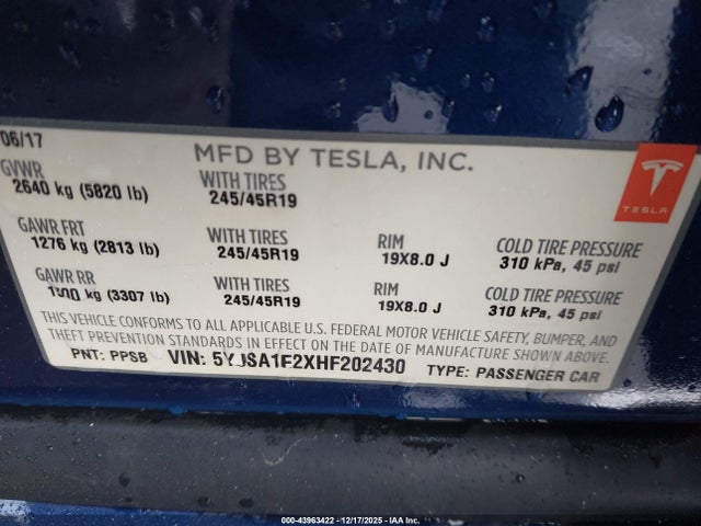2017 TESLA MODEL S 5YJSA1E2XHF202430 Photo 8