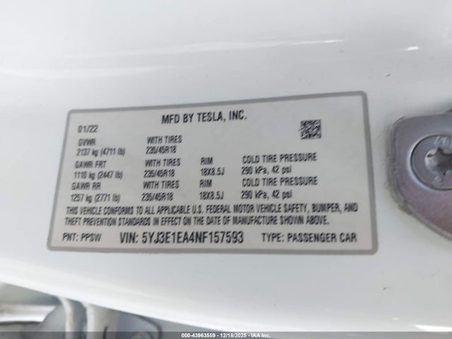 2022 TESLA MODEL 3 5YJ3E1EA4NF157593 Photo 8