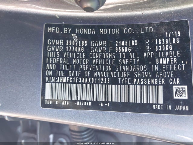 Aukcja sprzedaży 2019 Honda Civic Ex, vin: JHMFC1F38KX011233, numer aukcji: 43963629