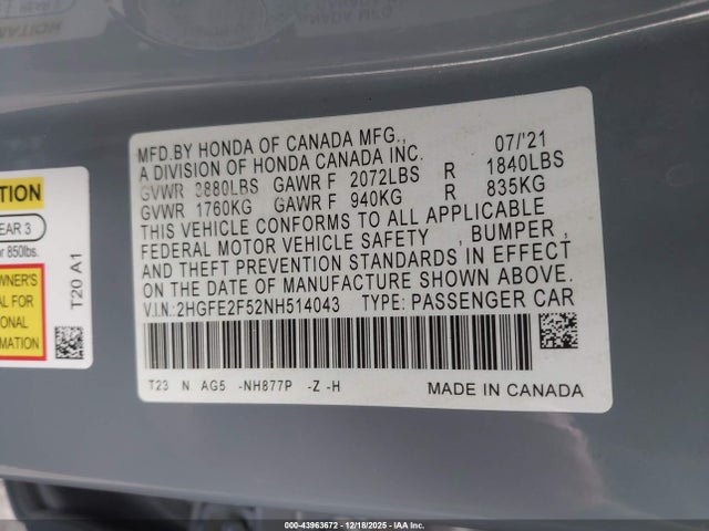 Honda Civic Sport 2022 2HGFE2F52NH514043 Image 9