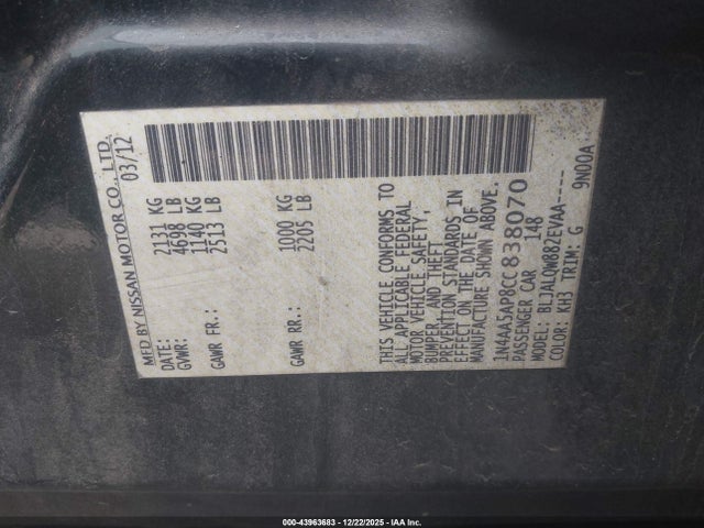 2012 Nissan Maxima 3.5 S მანქანა იყიდება აუქციონზე, vin: 1N4AA5AP8CC838070, აუქციონის ნომერი: 43963683