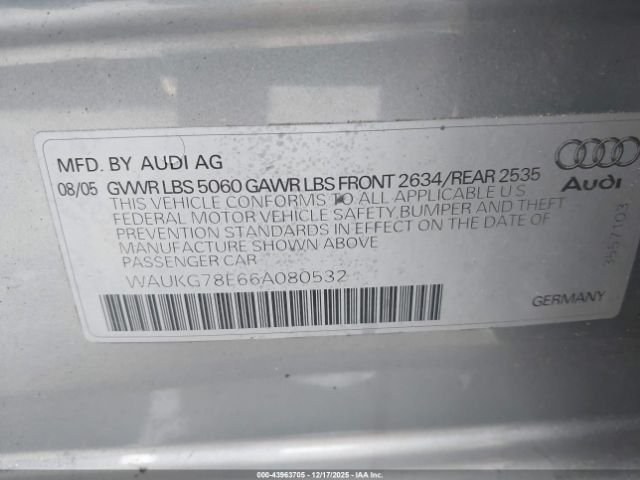 2006 AUDI A4 WAUKG78E66A080532 Photo 8