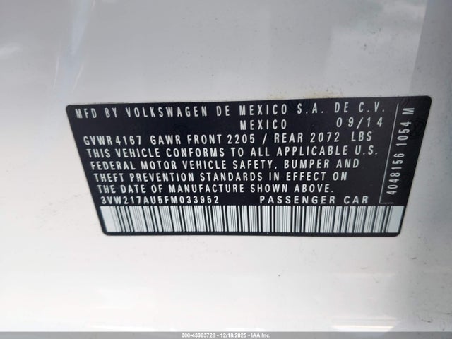 3VW217AU5FM033952 Volkswagen Golf Tsi S 4-door
