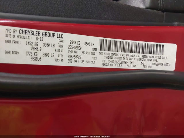 Продажа на аукционе авто 2013 Dodge Durango Sxt, vin: 1C4RDJAG2DC684874, номер лота: 43963956