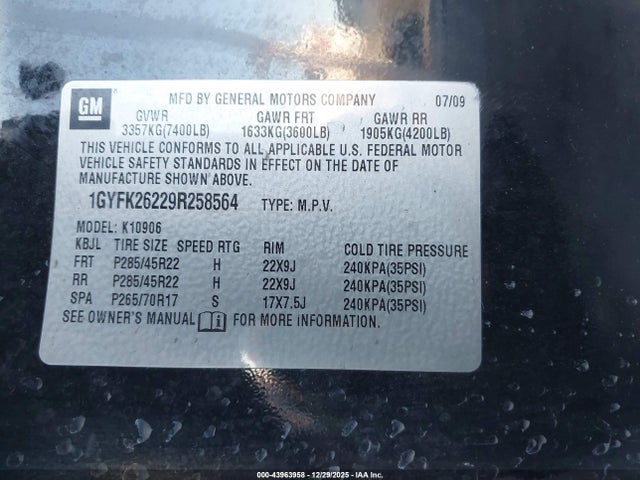 2009 CADILLAC ESCALADE ESV 1GYFK26229R258564 Photo 8