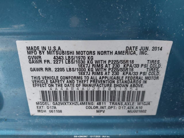 Продажа на аукционе авто 2014 Mitsubishi Outlander Sport Se, vin: 4A4AR4AU2EE031854, номер лота: 43963967