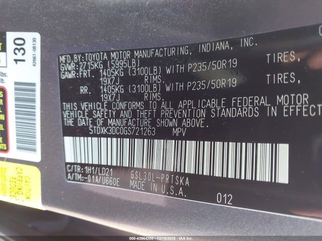 Aukcja sprzedaży 2016 Toyota Sienna Se 8 Passenger, vin: 5TDXK3DC0GS721263, numer aukcji: 43964200