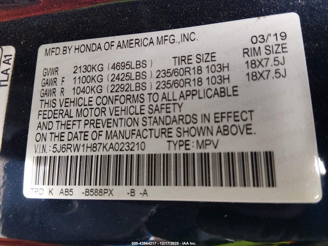 5J6RW1H87KA023210 Honda Cr-v Ex-l
