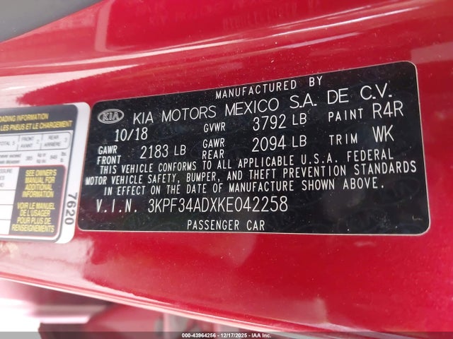 Aukcja sprzedaży 2019 Kia Forte S, vin: 3KPF34ADXKE042258, numer aukcji: 43964256