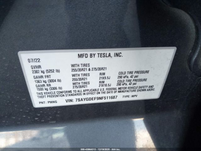 2022 TESLA MODEL Y 7SAYGDEF9NF511687 Photo 8