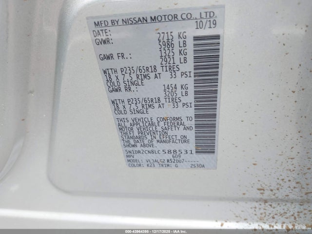 Продажа на аукционе авто 2020 Nissan Pathfinder Sl 2wd, vin: 5N1DR2CN8LC588531, номер лота: 43964395