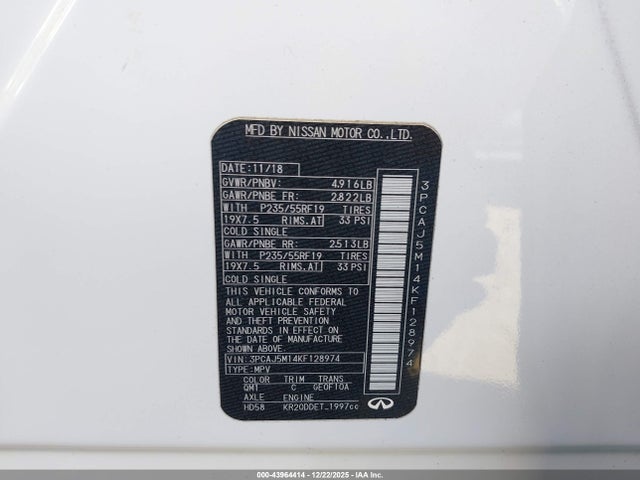 Продажа на аукционе авто 2019 Infiniti Qx50 Pure, vin: 3PCAJ5M14KF128974, номер лота: 43964414