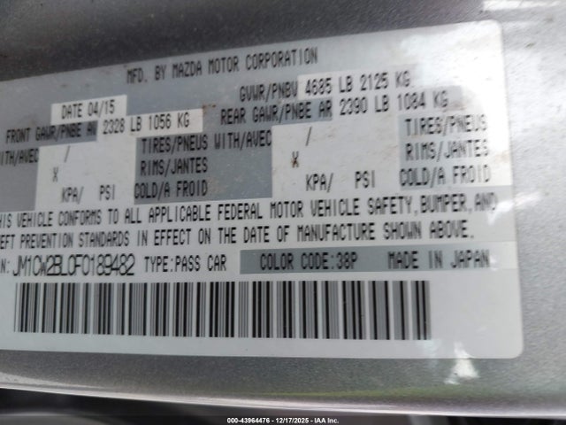 43964476 :رقم المزاد ، JM1CW2BL0F0189482 vin ، 2015 Mazda Mazda5 Sport مزاد بيع