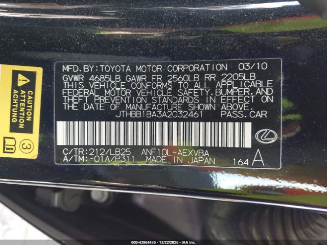 2010 LEXUS HS 250H JTHBB1BA3A2032461 Photo 8