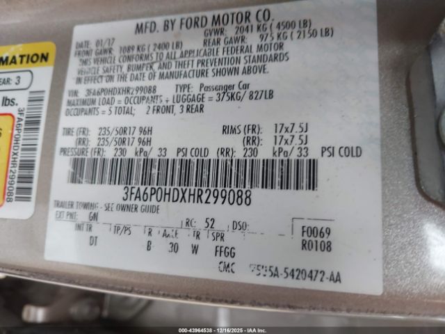 2017 FORD FUSION 3FA6P0HDXHR299088 Photo 8